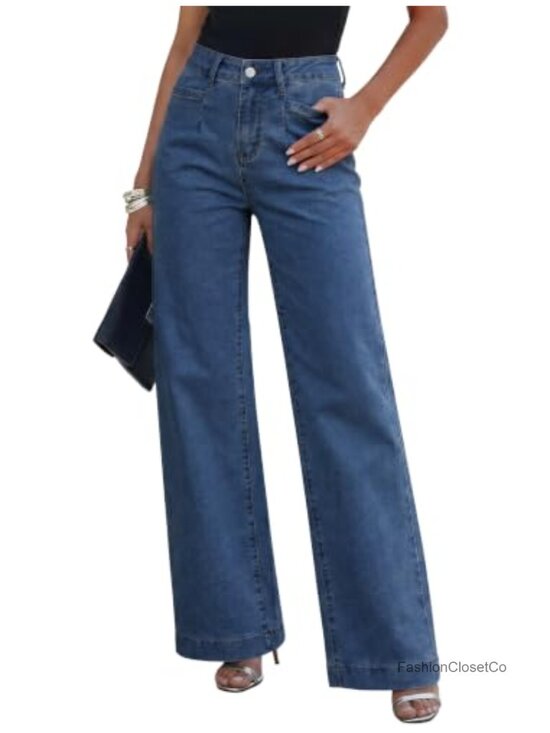 Denim - High Waisted Wide Leg Stretchy Jeans Loose Straight Denim Pants Tummy Control